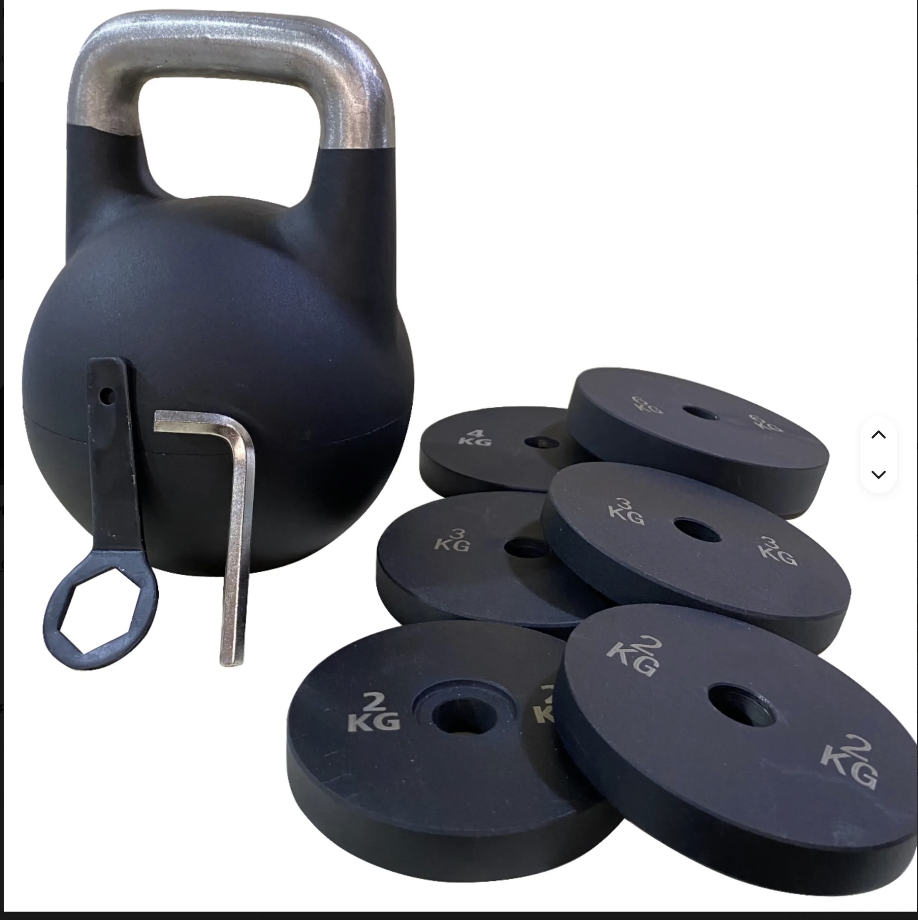 Schwarze verstellbare Kettlebell mit silbernem Griff, Gewichtsplatten und Werkzeug